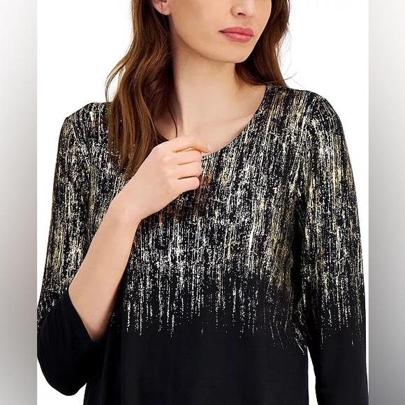 JM Collection Tops - Brand New JM Collection Women's Black & Gold Foil Print 3/4-Sleeve Top, M, NWT